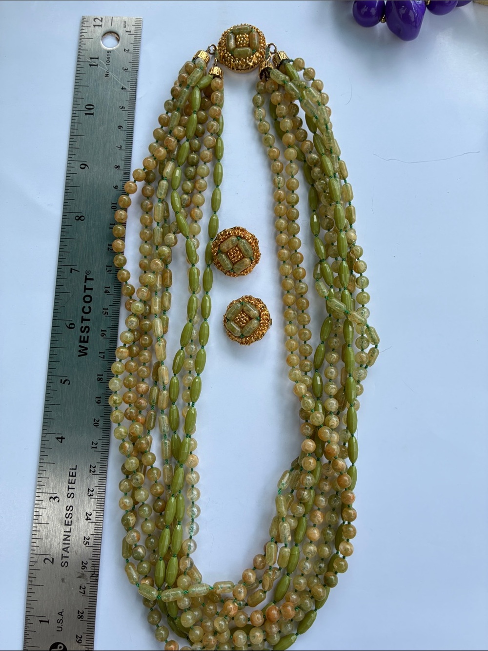 Vintage olive green multi-strand necklace and earrings set
